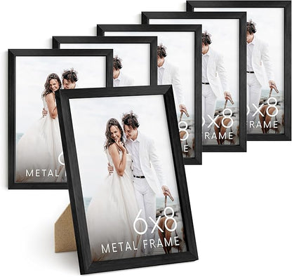 HAUS AND HUES 6x8 Black Metal Picture Frames - Features Premium Aluminum, Vertical Hanging & Easel Back, Shatterproof Plexiglass - Ideal for Home, Room, Office (6x8 in, Black, Set of 6)