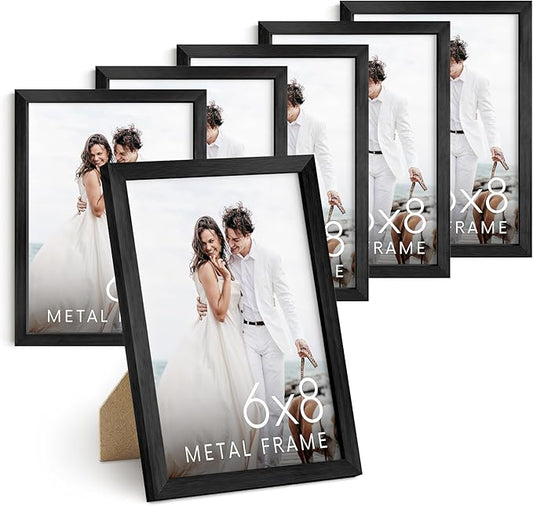 HAUS AND HUES 6x8 Black Metal Picture Frames - Features Premium Aluminum, Vertical Hanging & Easel Back, Shatterproof Plexiglass - Ideal for Home, Room, Office (6x8 in, Black, Set of 6)