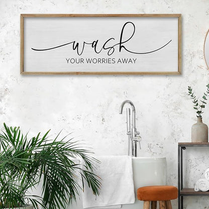 FZMHASLWW Funny Laundry Room Bathroom Wall Decor Wash Your Worries Away Sign 40"×15" Inspirational Quote Art for above the Bathtub Restroom Large Minimalist Wood Framed Hanging Plaqu (Wood)
