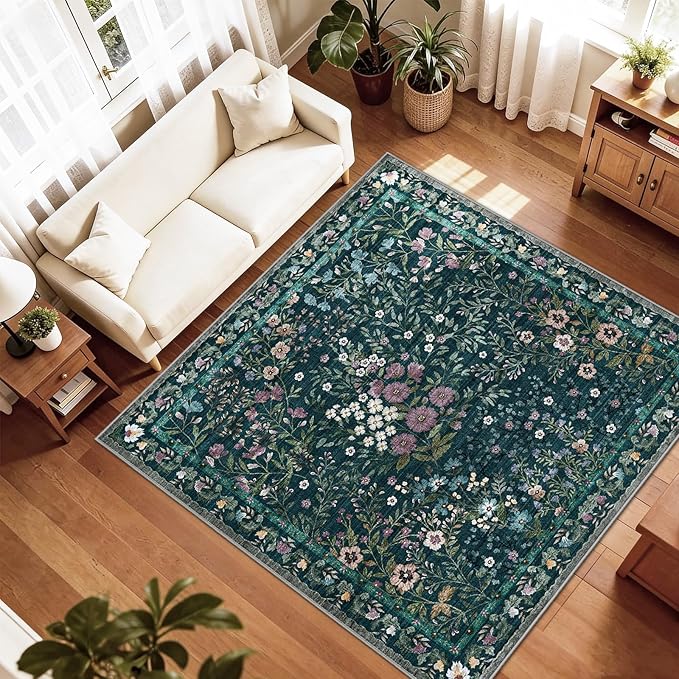 5x5 Living Room Area Rug Washable: Floral Non-Slip Mats for Indoor Floor Entryway Dining Room Bedroom - Soft Thin Carpet for Vintage Neutral Home Decor (5ft Square, Green)