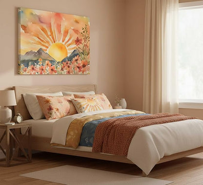 Boho Sun Canvas Wall art Mid-Century Modern Abstract Bohemian Sunset in The Mountains Watercolor Wildflowers Sunrise Landscape Picture Wall Decor Poster Print Artwork for Living Room Bedroom