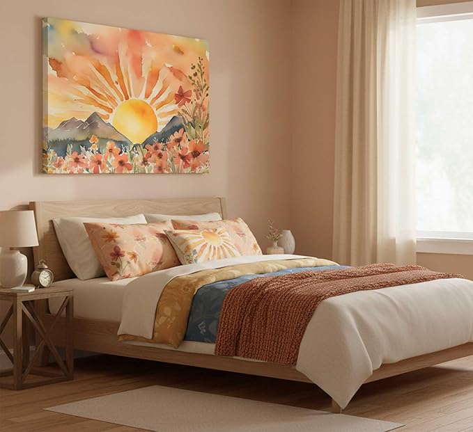 Boho Sun Canvas Wall art Mid-Century Modern Abstract Bohemian Sunset in The Mountains Watercolor Wildflowers Sunrise Landscape Picture Wall Decor Poster Print Artwork for Living Room Bedroom