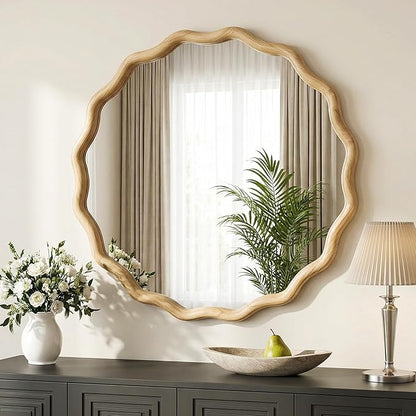 TRAHOME Round Wood Mirrors for Wall, 28" Boho Circle Wavy Mirror with Wooden Frame, Decorative Mirror with Tempered Glass, Natural Wooden Frame Vanity Mirror for Bedroom, Living Room, Entryway