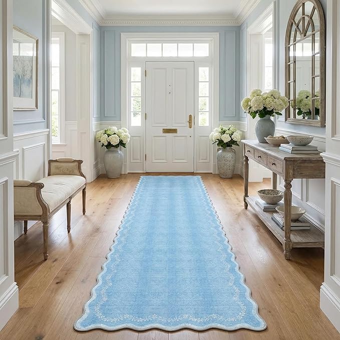 GarveeHome 2.6x10 Scalloped Washable Runner Rug for Kitchen, Soft Blue Long Hallway Runner Non Slip Entryway Rug Farmhouse Thin Laundry Mat Stain Resistant Carpet for Bathroom Beside Rug