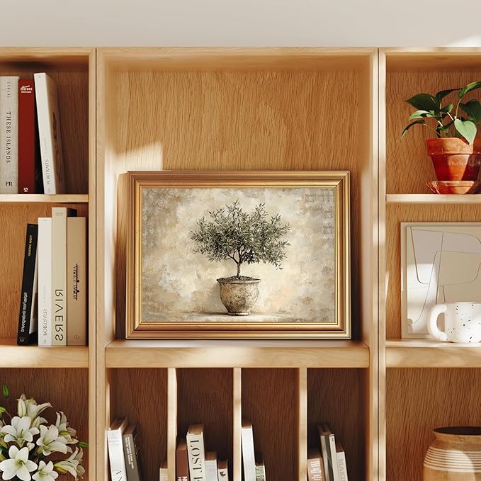 JLTULT Gold Framed Potted Olive Tree Wall Art, Vintage Botanical Canvas Wall Decor, Olive Branch Art Print for Living Room Bedroom Office 12x16 Inch with Fade-Resistant Print Easy to Hang