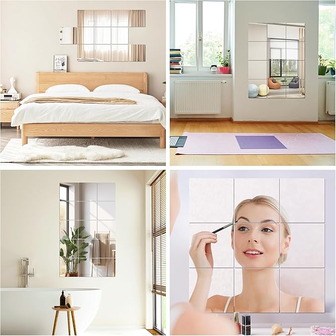 LXCREAT Full Length Wall Mounted Mirror Acrylic Flexible Small Self Adhesive Frameless Squares 2MM Thick Espejos Tiles 10PCS 11.8” × 11.8” for Bedroom Dressing Room Door Home Gym