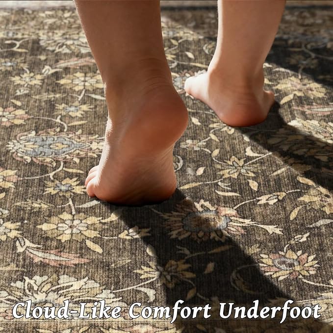 Washable 9x12 Area Rugs for Living Room, Boho Non-Slip Vintage Distress Lager Rugs for Bedroom Dining Room Nursery Office, 0.3" Neutral Oriental Throw Thin Carpet, Tan/Flaxen/Multi, E2