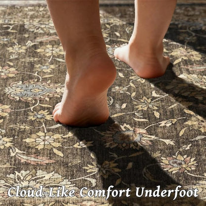 Washable 5x7 Area Rugs for Living Room, Boho Non-Slip Vintage Rugs for Bedroom Dining Room Nursery Office, 0.3" Neutral Oriental Throw Thin Carpet with Cushioning Pad, Tan/Flaxen/Multi, E2