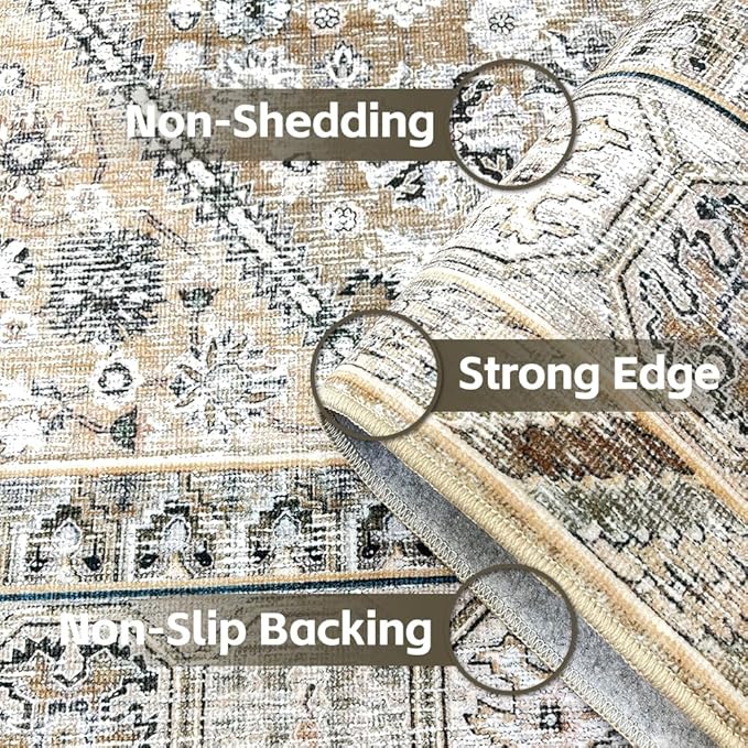 4x6 Area Rugs Beige Brown Washable Rug for Living Room, Bedroom, Dining Room, Large Carpets, Non Slip & Non-Shedding Low Pile Vintage Print Rug for Home Office Decor
