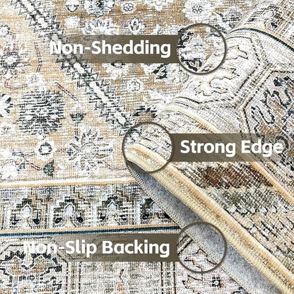 4x6 Area Rugs Beige Brown Washable Rug for Living Room, Bedroom, Dining Room, Large Carpets, Non Slip & Non-Shedding Low Pile Vintage Print Rug for Home Office Decor