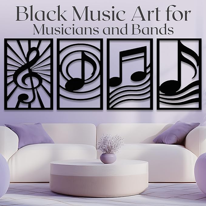 GALLERY GRACE Metal Wall Art Decor – 11" x 16" Set of 4 Single Line Abstract Wall Art for Living Room, Office, or Studio – Modern Minimalist Black Wall Decor with Music Note and Symbol Panels