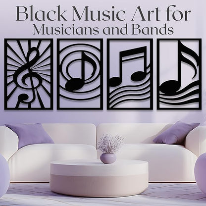 GALLERY GRACE Metal Wall Art Decor – 11" x 16" Set of 4 Single Line Abstract Wall Art for Living Room, Office, or Studio – Modern Minimalist Black Wall Decor with Music Note and Symbol Panels