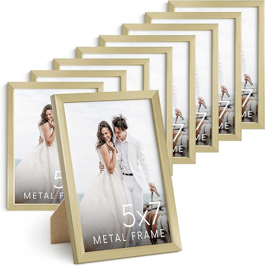 HAUS AND HUES 5x7 Gold Metal Picture Frames - Premium Aluminum with Vertical Hanging & Tabletop Display - Ideal for Home, Office (5x7 in, Gold, Set of 9)