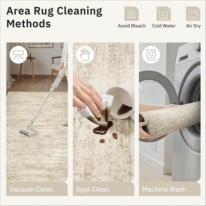 Soalmost Runner Rug 2'6" x 14' Washable Non-Slip Runner Rugs for Kitchen Bathroom Laundry Room Vintage Ultra Thin Runners for Hallway Entryway Beige