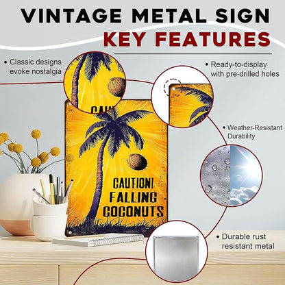Coconuts Vintage Sign Caution! Falling Coconuts Metal Tin Sign for Lounge Welcome Pool Hot Tub Happy Hour Island Décor 12x16inch