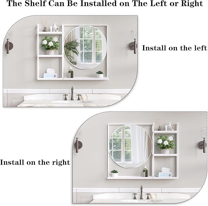 White Metal Framed Bathroom Mirror with Shelf, 31" X 24.4" Rectangular Wall Mounted Bathroom Vanity Mirror, Modern Bathroom Mirror with Storage for Over Sink, Entryway