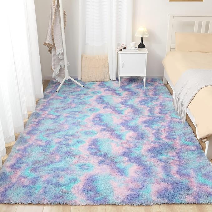 Puremy Rainbow Rug for Girls Room, 3x5 Fluffy Area Rugs for Bedroom, Colorful Kids Rug Cute Anti-Skid Indoor Carpet for Nursery, Living Room, Playroom, Home Decor