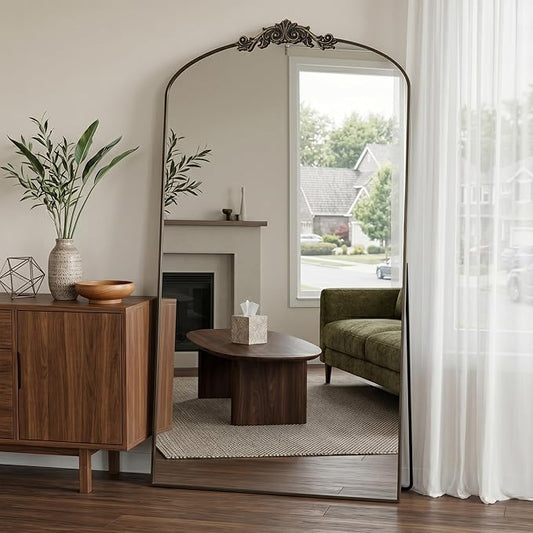 Antok Arched Full Length Mirror, 82"x44" Floor Mirror with Carved, Full Body Mirrors for HomeDecor, Standing/Halling Large Wall Mirror for Bedroom, Living Room, Cloakroom, Bronze, Vintage Style