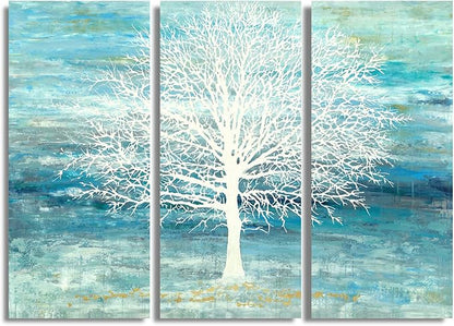 Yihui Arts Teal and Blue Canvas Wall Art - White Tree Paintings with Gold Foil - 3 Pieces Landscape Pictures for Living Room Bedroom Bathroom Decor