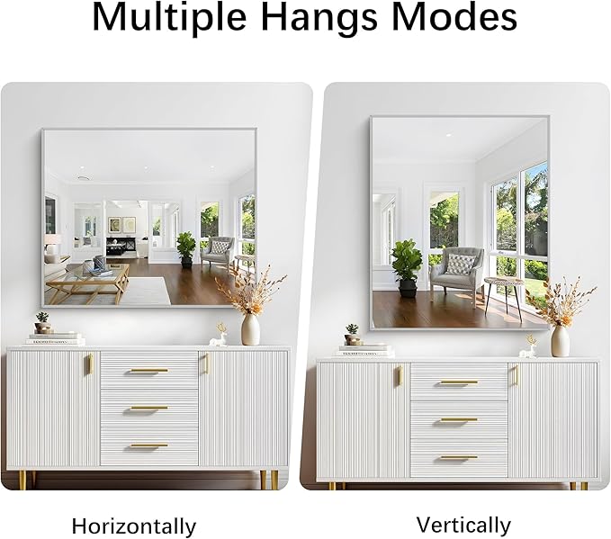 COFENY Silver Bathroom Mirror for Wall, 30x36 Inch Rectangle with Metal Frame, Modern Vanity for Bathroom Living Room, Entryway Hangs Horizontal or Vertical