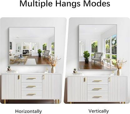 COFENY Silver Bathroom Mirror for Wall, 30x36 Inch Rectangle with Metal Frame, Modern Vanity for Bathroom Living Room, Entryway Hangs Horizontal or Vertical
