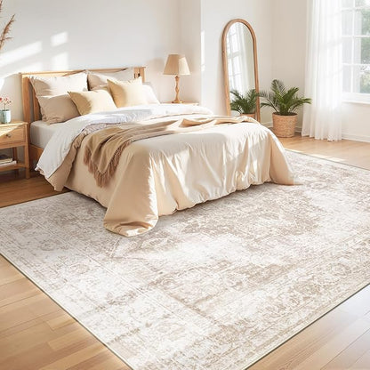 Area Rug 8x10 Vintage Rug: Large Washable Indoor Medallion Rugs Low Pile Distressed Floor Carpet Retro Accent Rug for Living Room Bedroom Kitchen Dining Table Home Office(Beige, 8'x10')