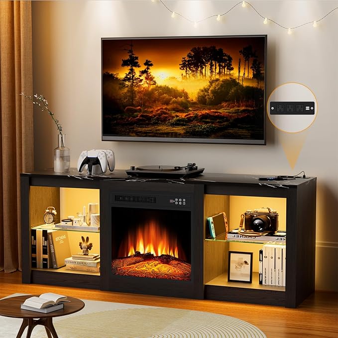 Kucreiheat 58 inch TV Stand with Fireplace-Entertainment Center with LED & Outlet for 65 inch TV-Black Media Console with Adjustable Glass Shelves, Modern TV Cabinet for Living Room/Bedroom