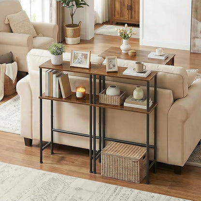HOOBRO Narrow Console Table Set of 2 for Small Space, 15.7" Entryway Table with Storage, Sofa Table with 2 Shelves, Skinny Console Tables for Entryway, Hallway, Rustic Brown and Black BF40XGP201