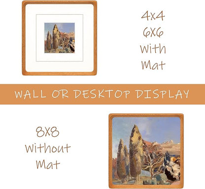 Square 8x8 Picture Frame with Mat for 4x4/6x6, Natural Teak Wood Handcrafted Rounded Corner with Real Glass, Vertical or Horizontal Display Photo Gallery Wall & Tabletop Frame