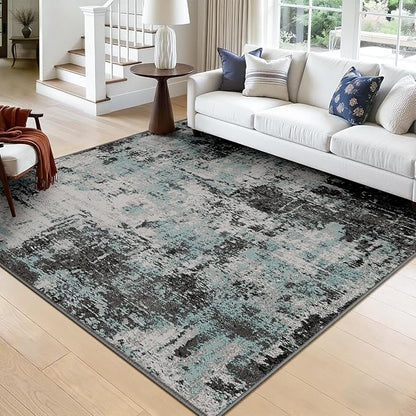 RELEANY Washable Area Rugs Square 8ft Non-Slip Modern Abstract Soft for Living Room Entryway Bedroom Nursery, Print Pattern, Blue Black Teal