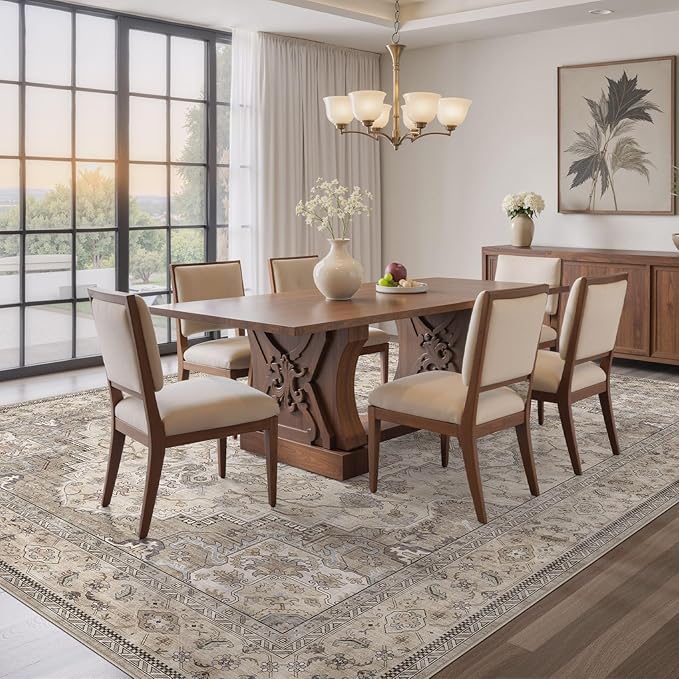 EIEIHOUSE Washable Area Rugs for Living Room - 11x14 Neutral Vintage Distressed Floral Farmhouse Boho Large Soft Floor Rug Indoor Non Slip Carpet for Living Room Bedroom Dining Room Office-Brown/Multi