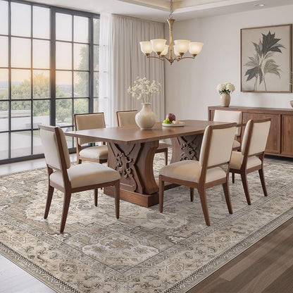 EIEIHOUSE Washable Area Rugs for Living Room - 9x12 Neutral Vintage Distressed Floral Farmhouse Boho Large Soft Floor Rug Indoor Non Slip Carpet for Bedroom Dining Room Office - Brown/Multi