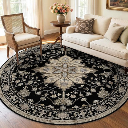 RELEANY Area Rugs Round 6ft Washable Non-Slip, Floral Vintage Distress Print Pattern Medallion Carpet for Living Room Bedroom Dining Room, Black Brown Neutral Dark Tan