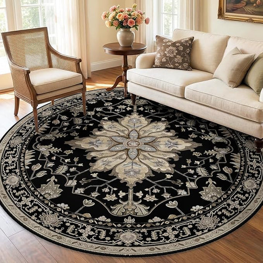 RELEANY Area Rugs Round 6ft Washable Non-Slip, Floral Vintage Distress Print Pattern Medallion Carpet for Living Room Bedroom Dining Room, Black Brown Neutral Dark Tan