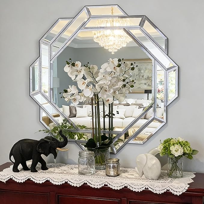 Chende 32" x 32" Large Wall Mirror for Elegant Living Room, Modern Decorative Mirror with Glass Beveled Edge for Wall, Foyer, Entryway, Fireplace, Bathroom