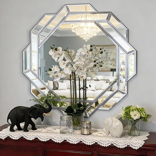 Chende 32" x 32" Large Wall Mirror for Elegant Living Room, Modern Decorative Mirror with Glass Beveled Edge for Wall, Foyer, Entryway, Fireplace, Bathroom