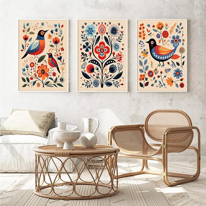 Scandinavian Folk Wall Art Nodic Flower Canvas Wall Decor Norwegian Wall Art Poster Swedish Antique Wall Decor Pictures Floral Bird Prints Vintage Poster for Home Kitchen 16x24x3 Inch Unframed