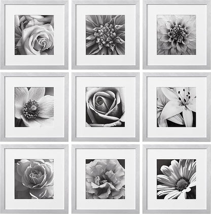 eletecpro 12x12 Picture Frames Set of 9 with Mat for 8x8 Photos or without Mat for 12x12, Square Gallery Wall Decor Collage for Picture Display, Silver Frame Set for Wall Hanging