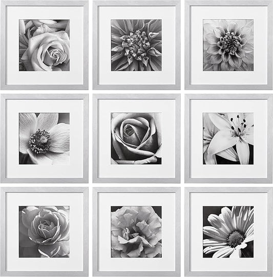 eletecpro 12x12 Picture Frames Set of 9 with Mat for 8x8 Photos or without Mat for 12x12, Square Gallery Wall Decor Collage for Picture Display, Silver Frame Set for Wall Hanging