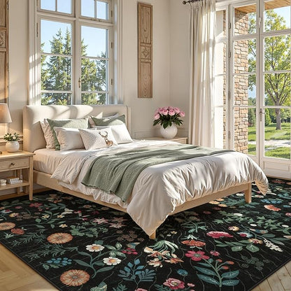 LIVEBOX Sunflower Botanical Washable 8x10 Area Rugs, Black Rug for Living Room, Non Slip Rugs for Bedroom, Boho Floral Indoor Throw Dining Room Carpet for Under Table Home Office Nursery Playroom