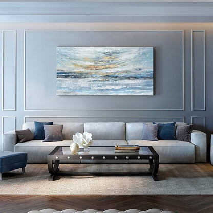 Extra Large Framed Wall Art for Living Room Light Blue Huge Canvas Print Modern Ocean Skyline and Sunset Wall Picture Coastal Themed Seaside Sea Artwork for Home Bedroom Décor 58x29inch Décor