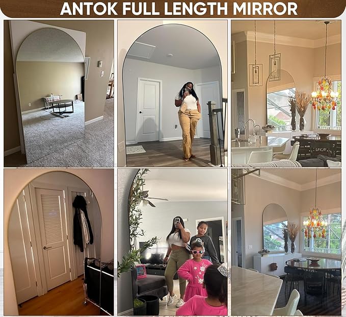 Antok 76" x44” Arched Full Length Floor Mirror, Black Aluminum Frame, Free Standing/Wall Mount/Leaning for Bedroom, Living Room, Dressing Room