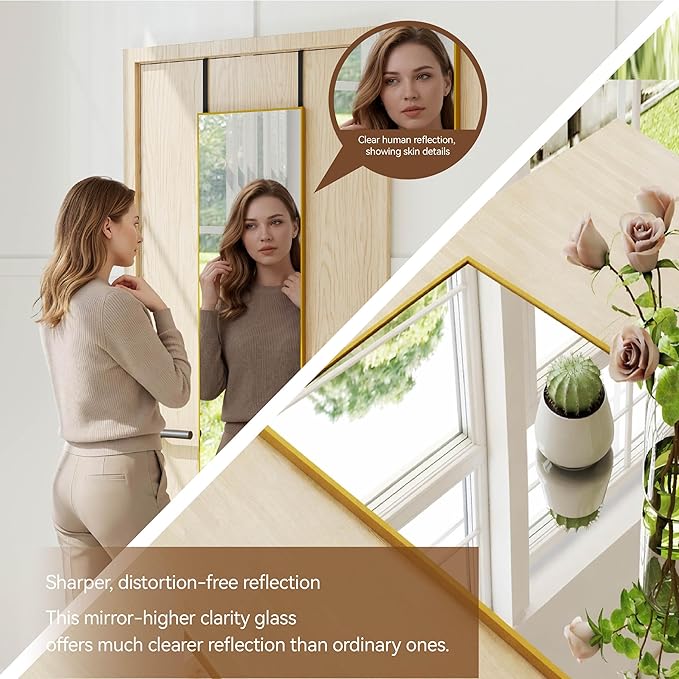 NARCISSUS 47x14 Mirror Door Hanging Full Length,Over Door or Wall Mounted Aluminum Alloy Frame Tempered Glass Rectangle Full Body Mirrors for Bedroom Dressing Living Room Bathroom 47 inch Gold