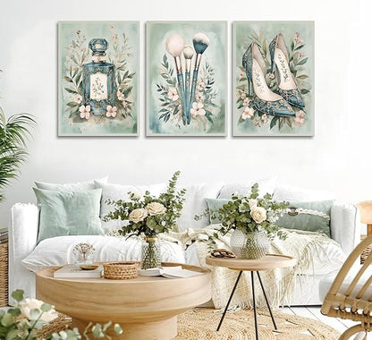 3Pcs Fashion Teen Girls Bedroom Wall Art Perfume Makeup Brushes High Heel Canvas Painting Green Watercolor Botanical Flowers Wall Decor Coquette Preppy Posters Prints for Girl Dorm Pictures Unframed