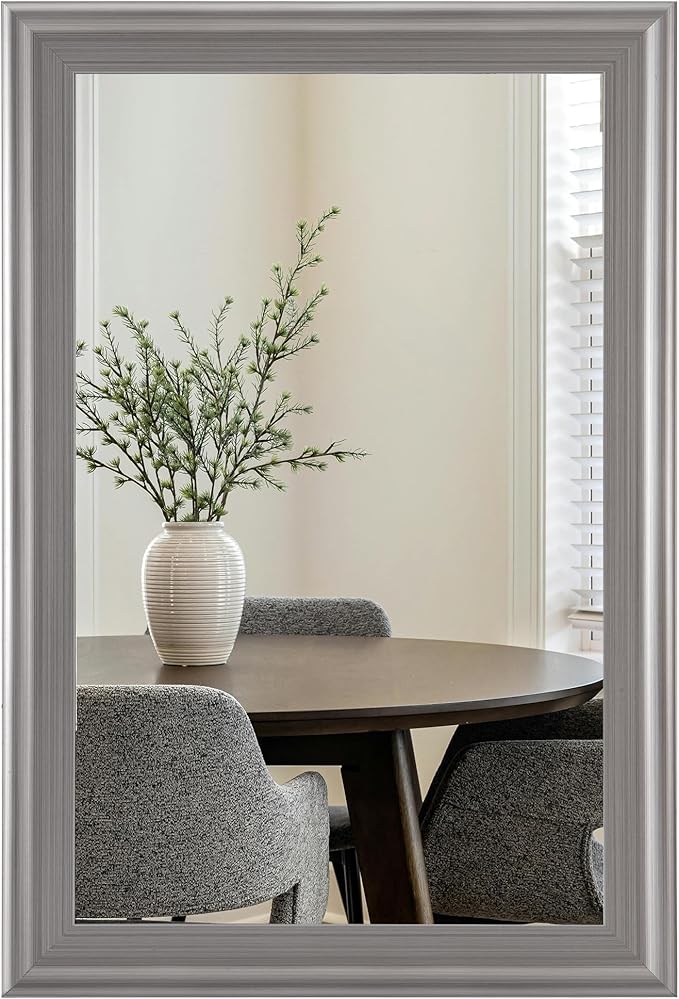 Tanmicoshomy Bathroom Mirrors for Wall 24x36 Inch, Rectangle Mirror with Brushed Silver Grey Wooden Frame for Bathroom Bedroom or Entryway