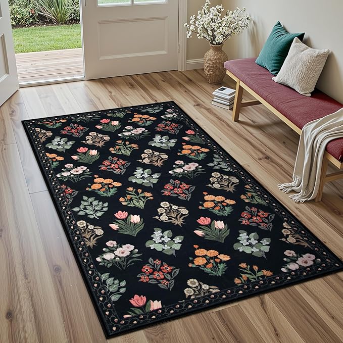 Wonnitar Washable 3x5 Area Rug, Floral Print Rugs for Entryway Indoor, Stain Resistant Moroccan Trellis Small Throw Carpet for Kitchen Laundry Dorm Office, Black/Multi