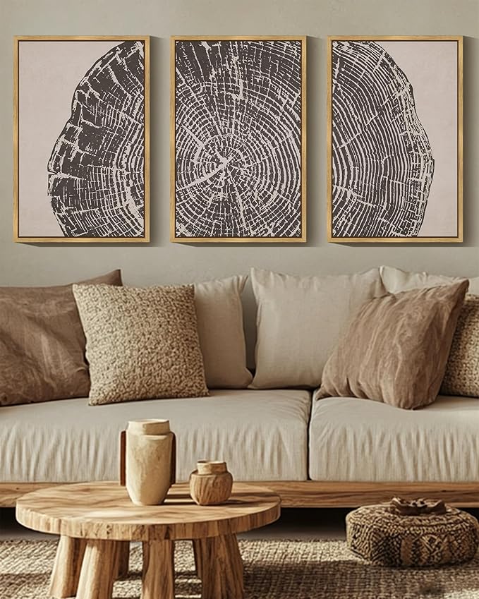 PHOPAGO Farmhouse Vintage Framed Wall Art Large 16x24in Set Gray Wood Tree Ring Spirals Nature Abstract Drawings Rustic Modern Art Decor for Living Room Bedroom - Natural Framed