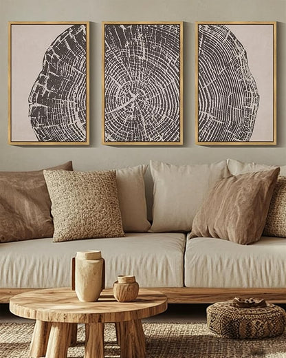 PHOPAGO Farmhouse Vintage Framed Wall Art Large 16x24in Set Gray Wood Tree Ring Spirals Nature Abstract Drawings Rustic Modern Art Decor for Living Room Bedroom - Natural Framed