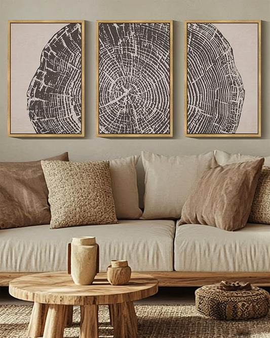 PHOPAGO Farmhouse Vintage Framed Wall Art Large 16x24in Set Gray Wood Tree Ring Spirals Nature Abstract Drawings Rustic Modern Art Decor for Living Room Bedroom - Natural Framed