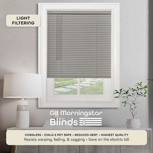 Cordless Light Filtering Mini Blind - 48 Inch Width, 64 Inch Length, 1" Slat Size - Grey - Cordless GII Morningstar Horizontal Windows Blinds for Interior by Achim Home Decor